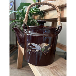 Vintage Japanese Crane Teapot - Brown Ceramic with Gold Accents & Rattan Handle